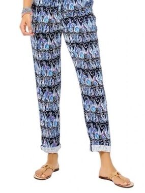 Lilly Pulitzer Taron Linen Pants in Low Tide, sailboat, Navy, size Large, NWT